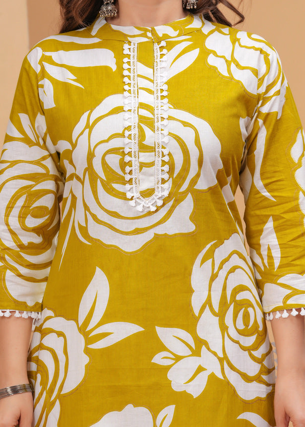 Mustard Yellow Ethnic Printed High Neck Pure Cotton Kurta