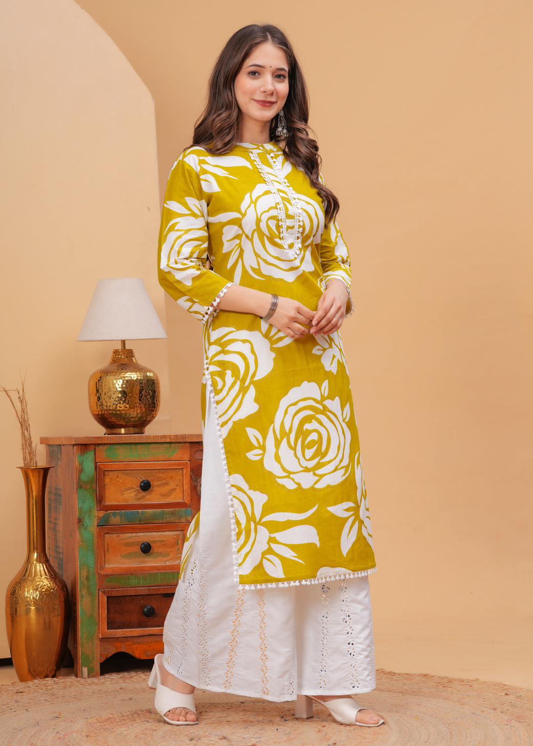Mustard Yellow Ethnic Printed High Neck Pure Cotton Kurta