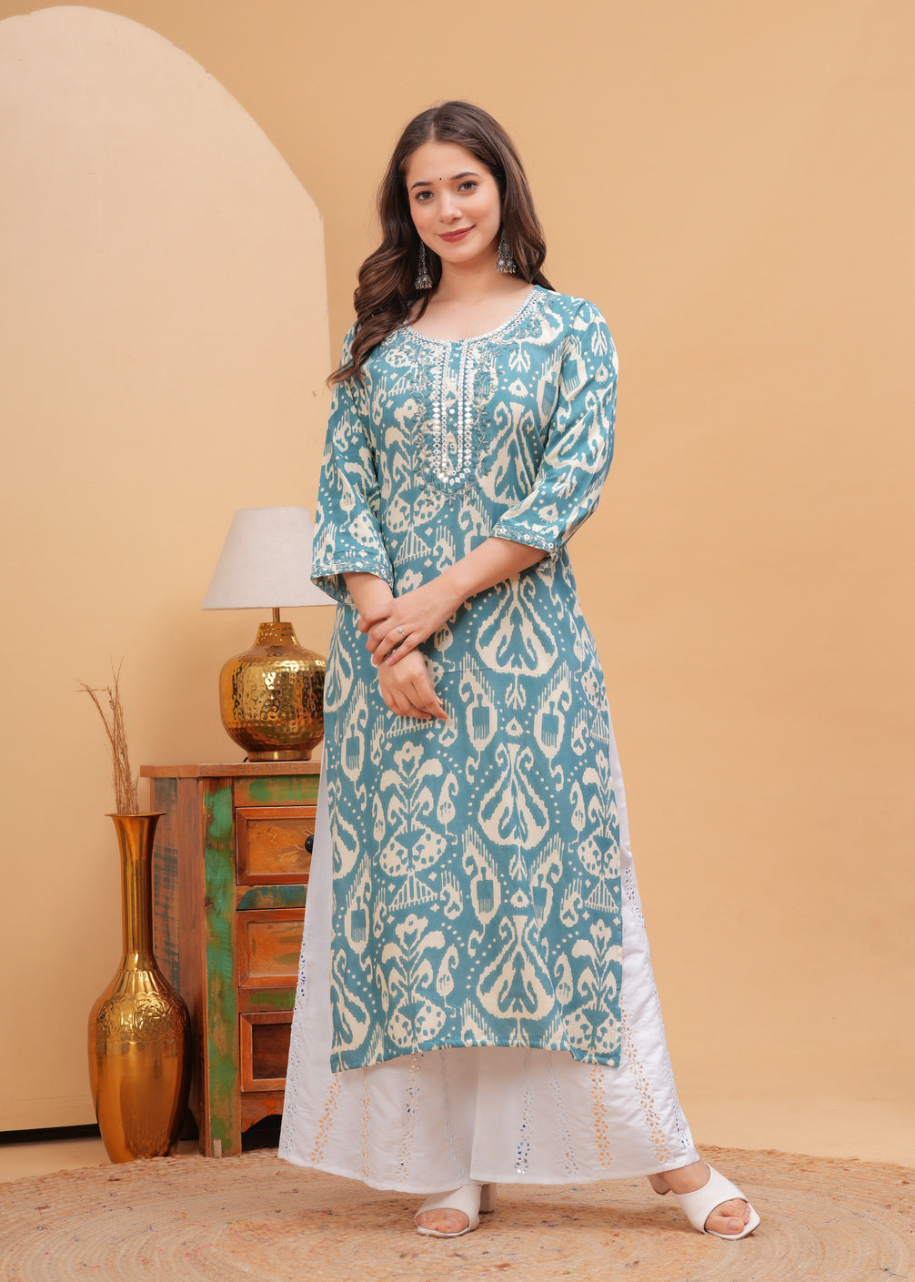 Teal Blue Ethnics Printed Round Neck Pure Cotton Kurta