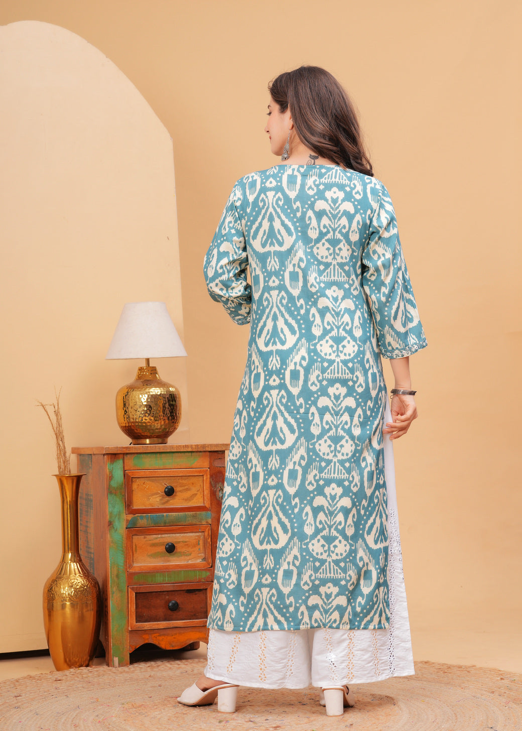 Teal Blue Ethnics Printed Round Neck Pure Cotton Kurta