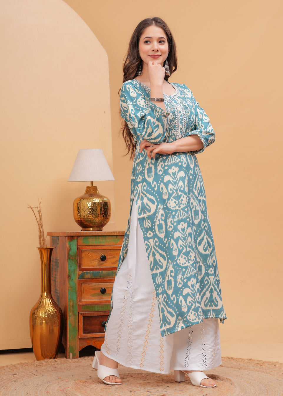 Teal Blue Ethnics Printed Round Neck Pure Cotton Kurta