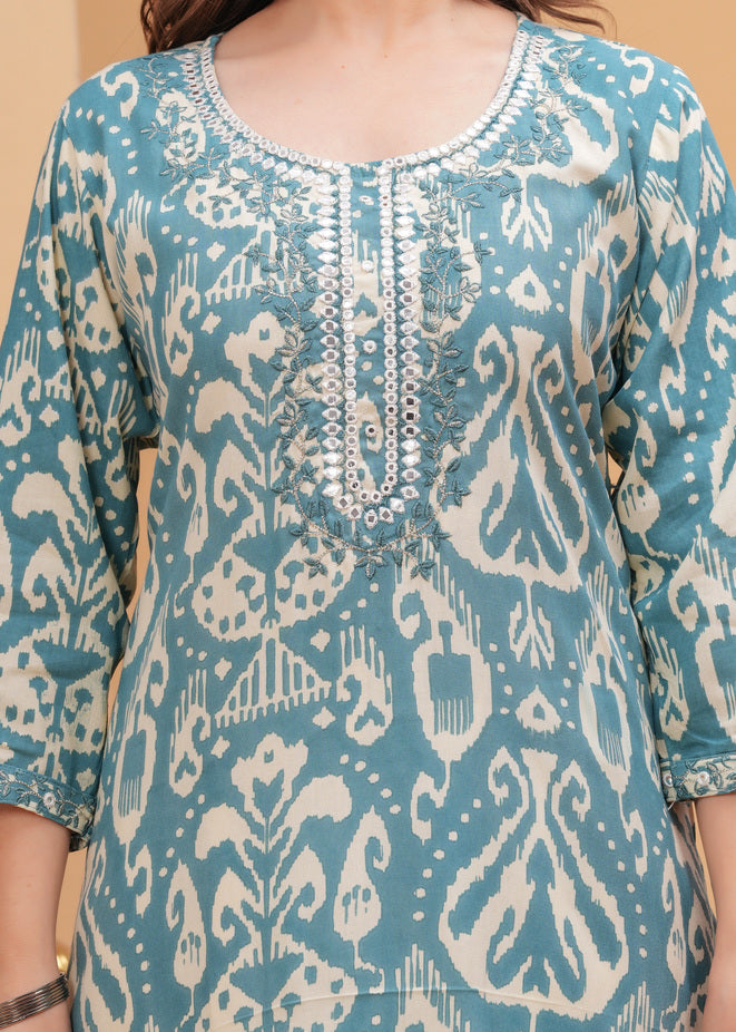 Teal Blue Ethnics Printed Round Neck Pure Cotton Kurta