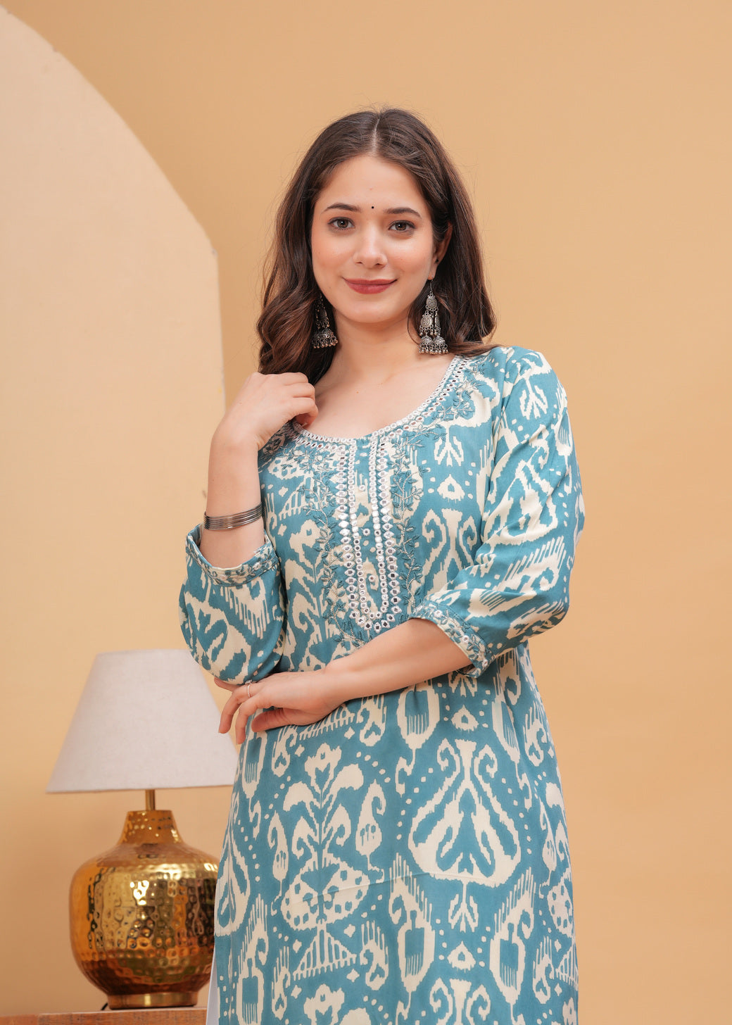 Teal Blue Ethnics Printed Round Neck Pure Cotton Kurta