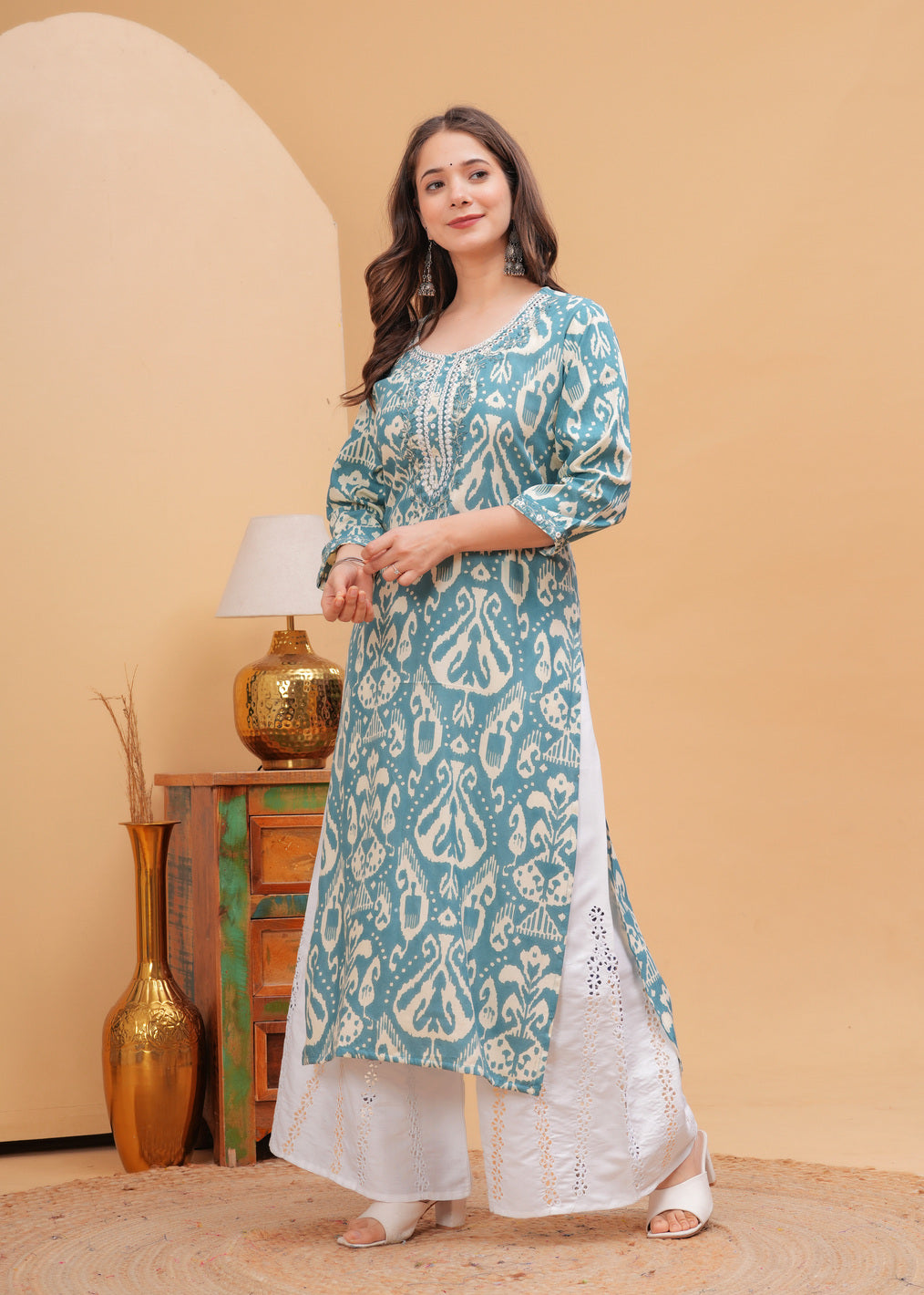 Teal Blue Ethnics Printed Round Neck Pure Cotton Kurta