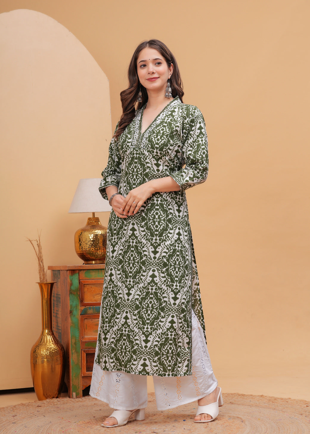 Olive Green Ethnic Printed V-Neck Pure Cotton Kurta