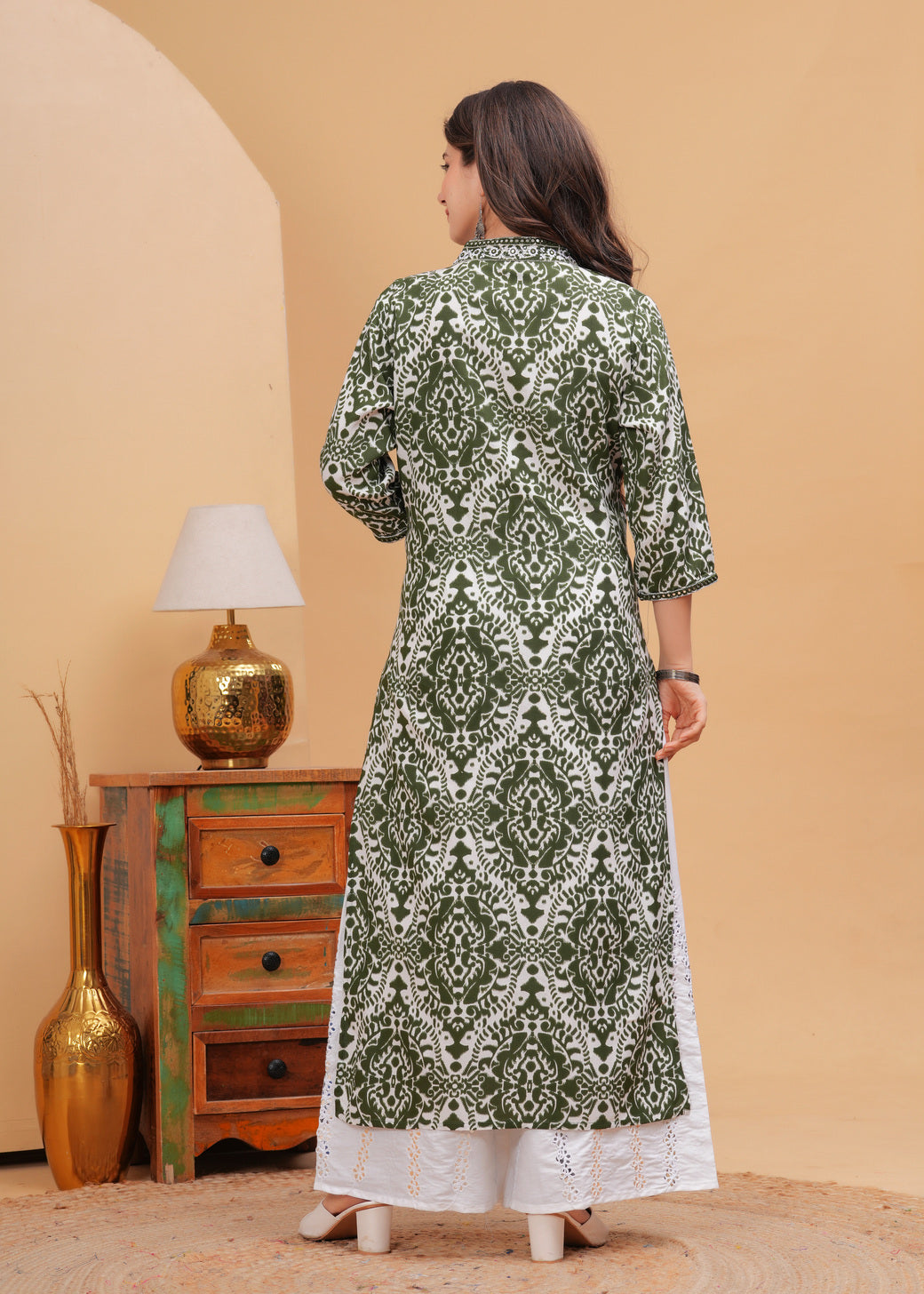 Olive Green Ethnic Printed V-Neck Pure Cotton Kurta