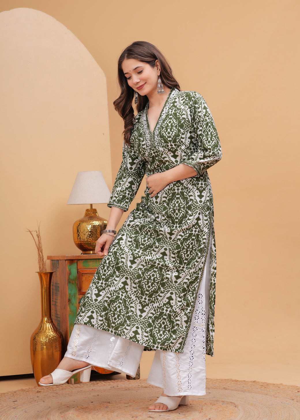Olive Green Ethnic Printed V-Neck Pure Cotton Kurta