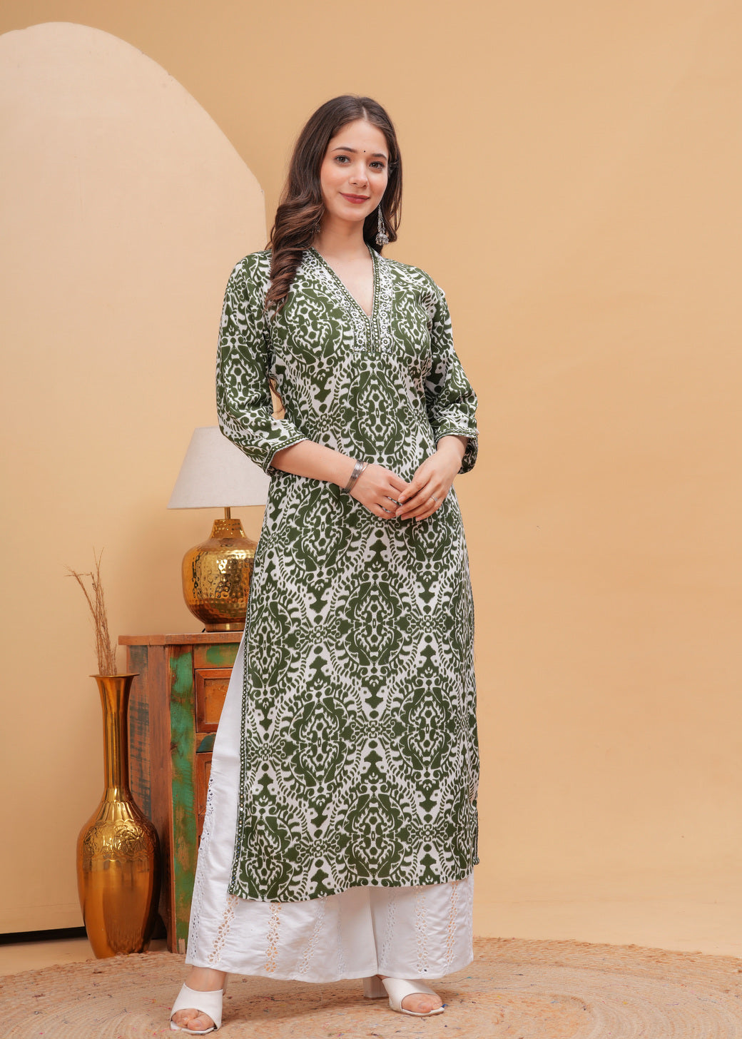 Olive Green Ethnic Printed V-Neck Pure Cotton Kurta