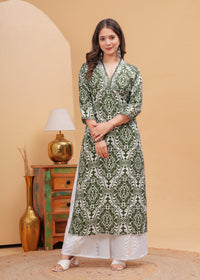 Olive Green Ethnic Printed V-Neck Pure Cotton Kurta