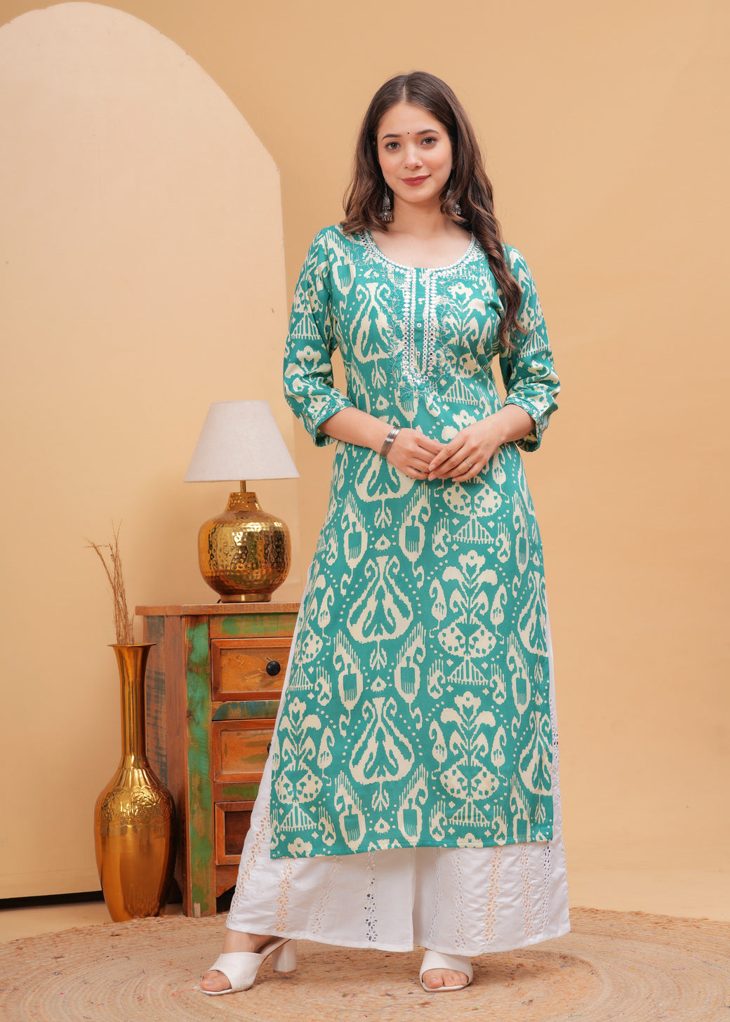 Turquoise Green Ethnic Printed Round Neck Pure Cotton Kurta