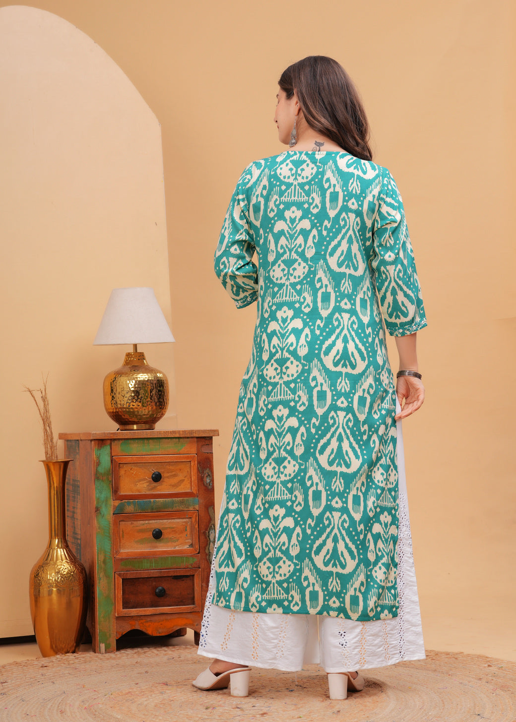 Turquoise Green Ethnic Printed Round Neck Pure Cotton Kurta