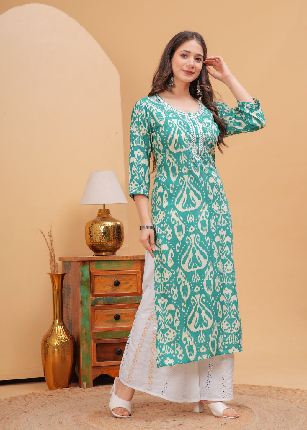 Turquoise Green Ethnic Printed Round Neck Pure Cotton Kurta