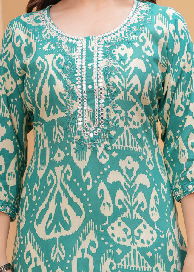 Turquoise Green Ethnic Printed Round Neck Pure Cotton Kurta