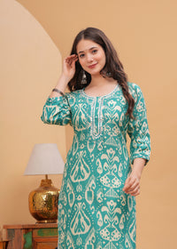 Turquoise Green Ethnic Printed Round Neck Pure Cotton Kurta