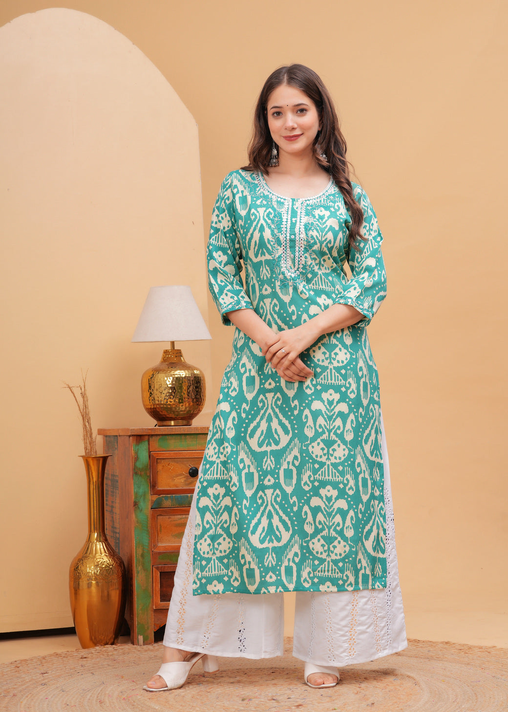 Turquoise Green Ethnic Printed Round Neck Pure Cotton Kurta