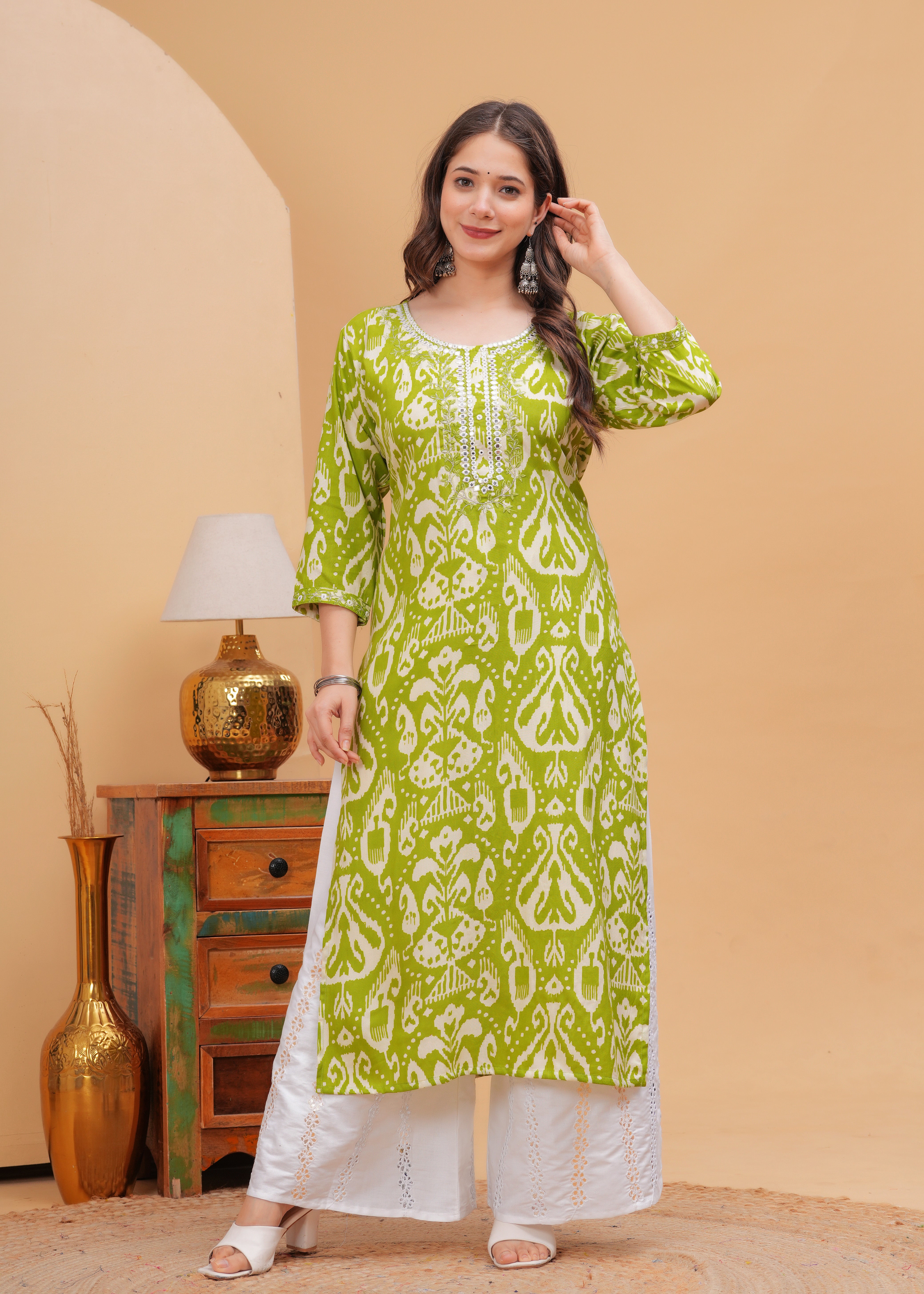 Lime Green Ethnic Printed Round Neck Pure Cotton Kurta