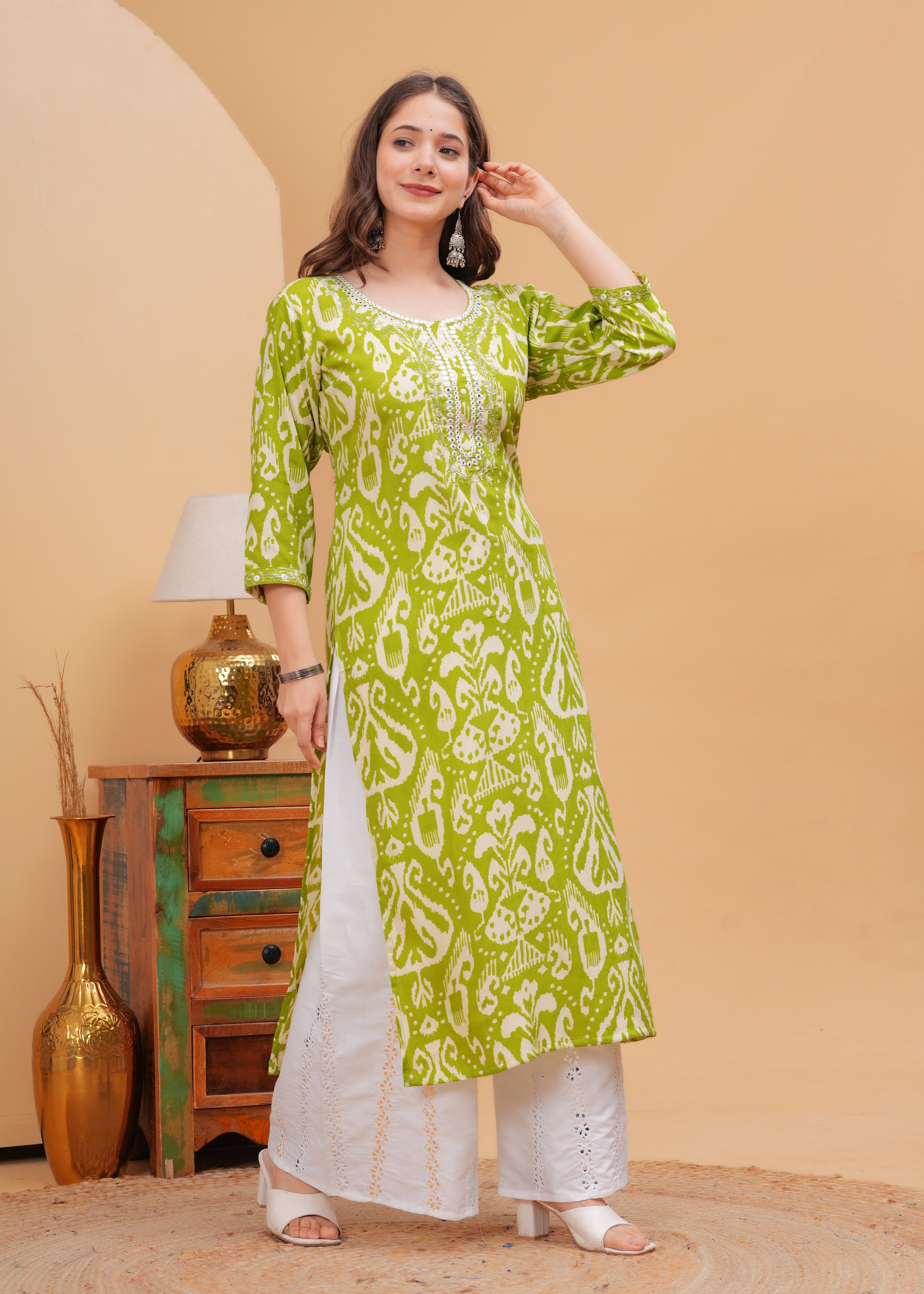 Lime Green Ethnic Printed Round Neck Pure Cotton Kurta