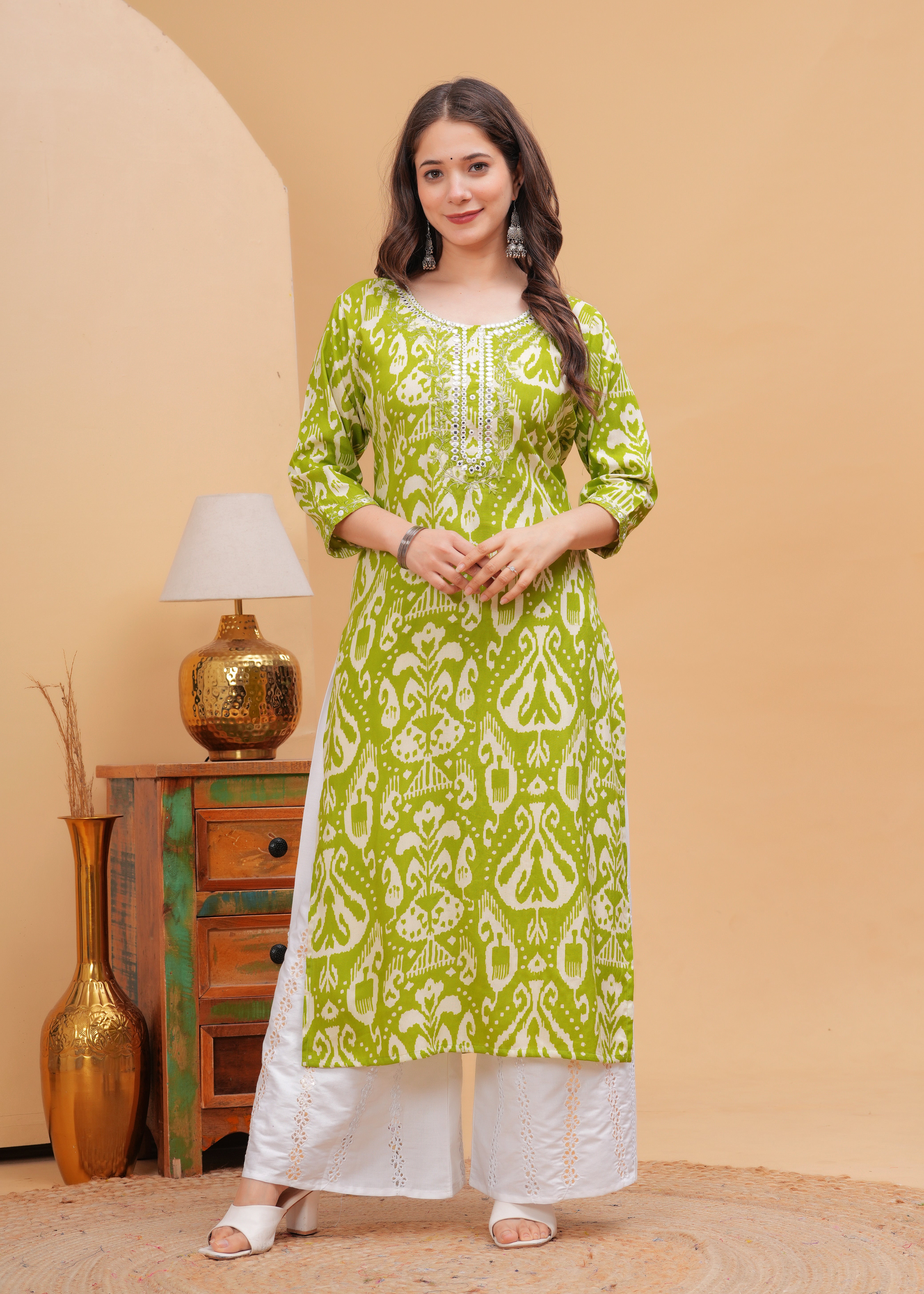 Lime Green Ethnic Printed Round Neck Pure Cotton Kurta