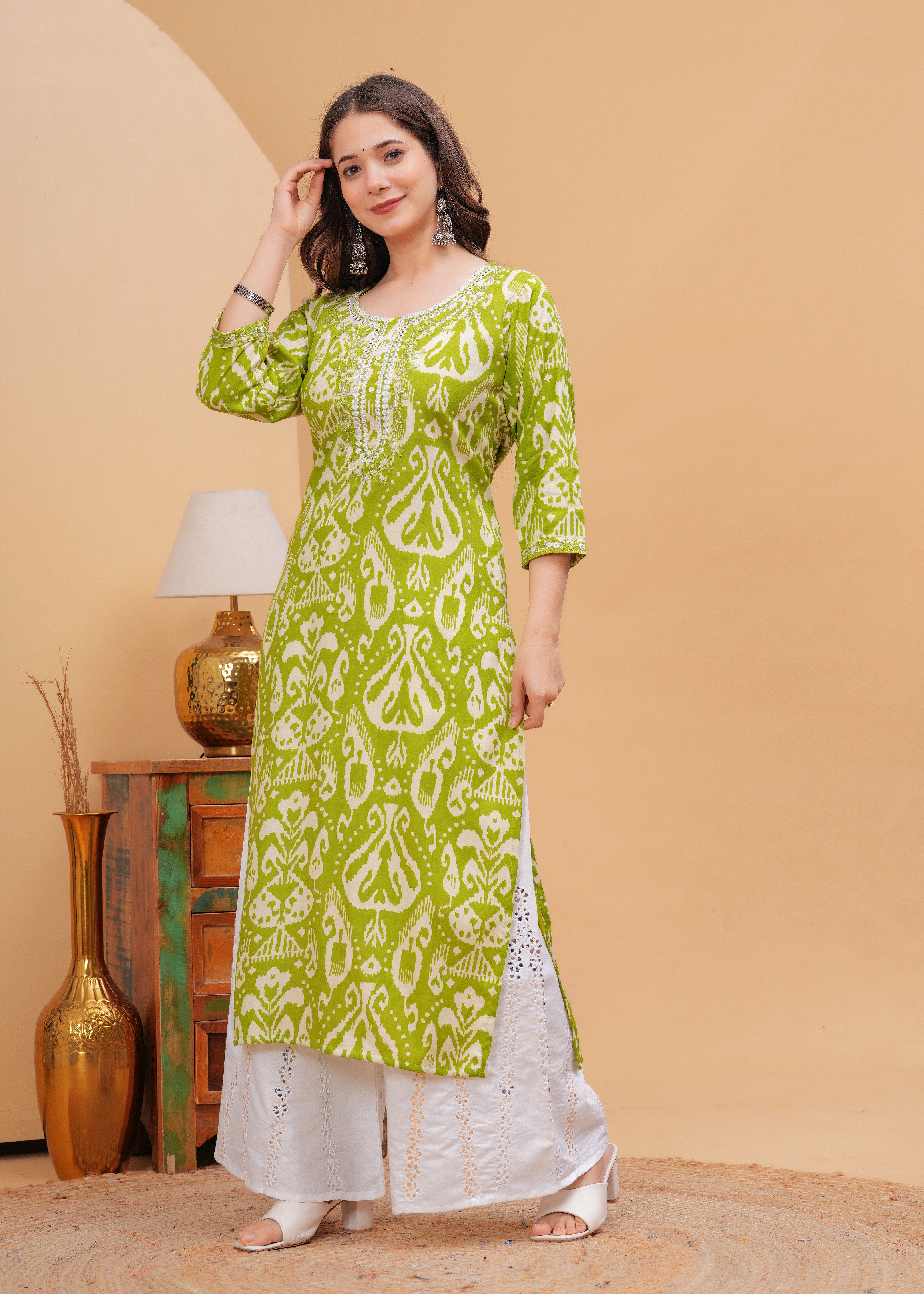 Lime Green Ethnic Printed Round Neck Pure Cotton Kurta