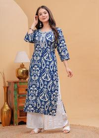 Blue Ethnic Printed Round Neck Pure Cotton Kurta