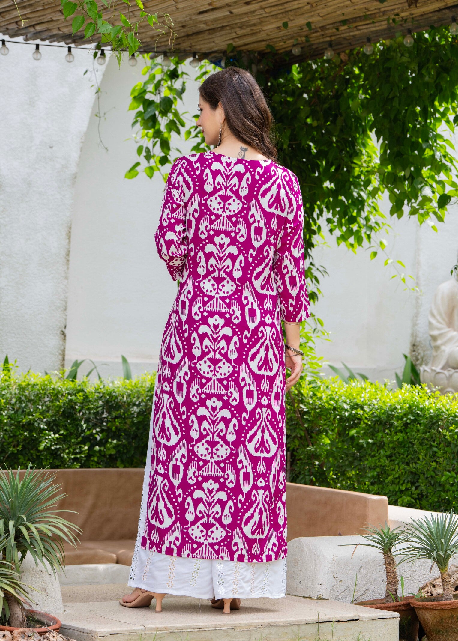 Fuchsia Ethnic Printed Round Neck Pure Cotton Kurta