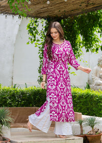 Fuchsia Ethnic Printed Round Neck Pure Cotton Kurta