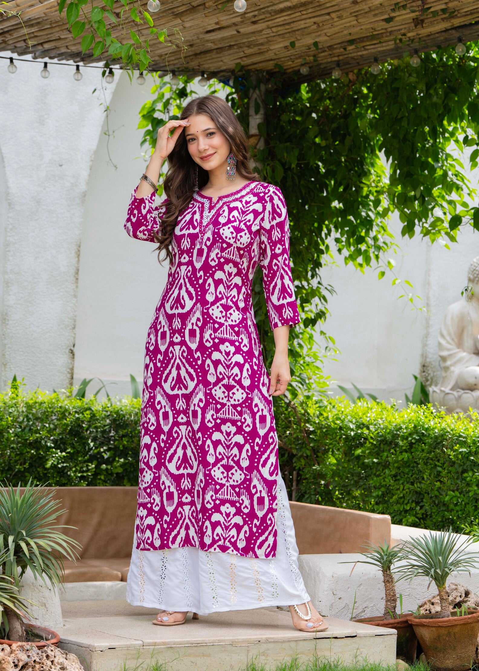 Fuchsia Ethnic Printed Round Neck Pure Cotton Kurta