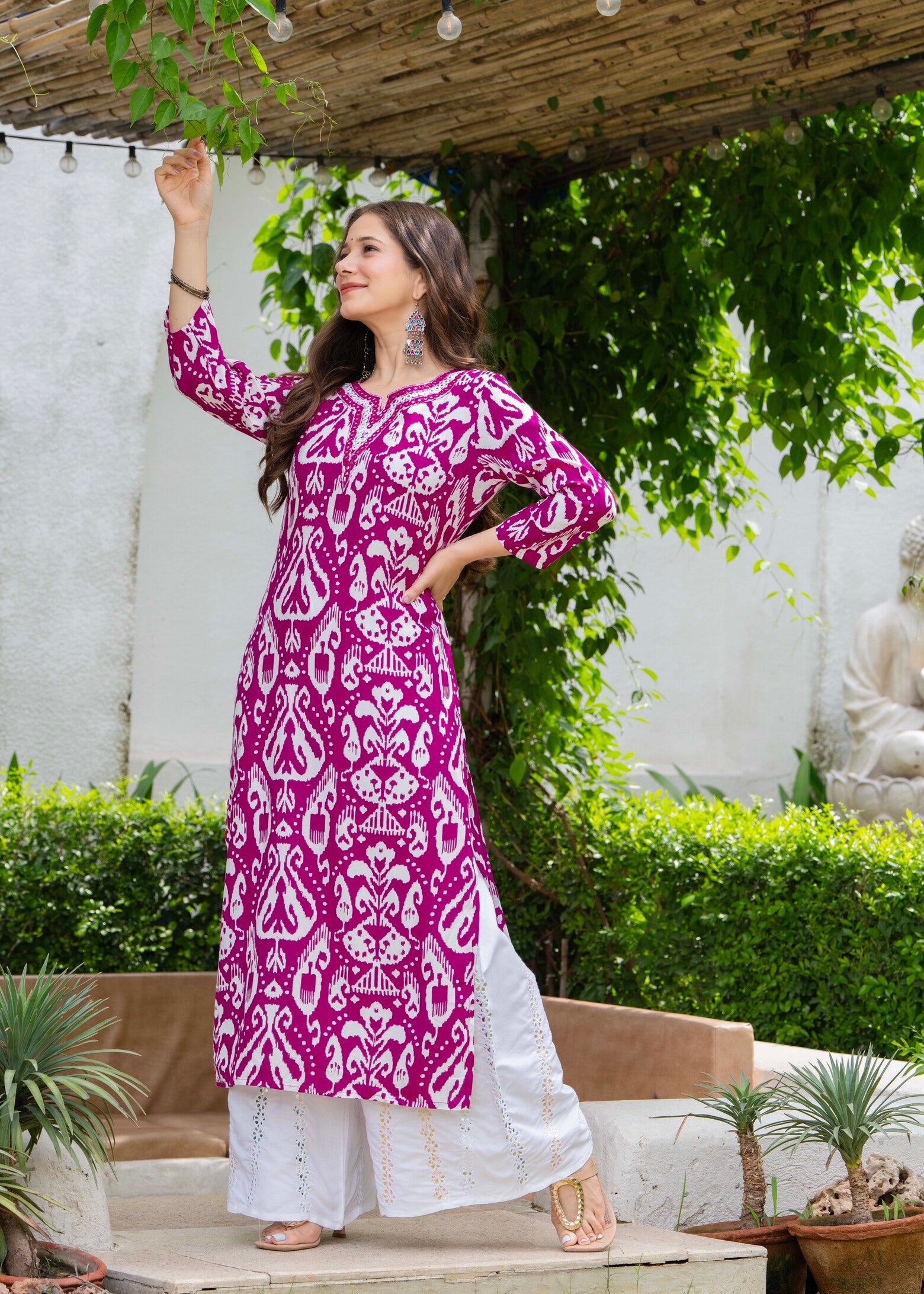 Fuchsia Ethnic Printed Round Neck Pure Cotton Kurta