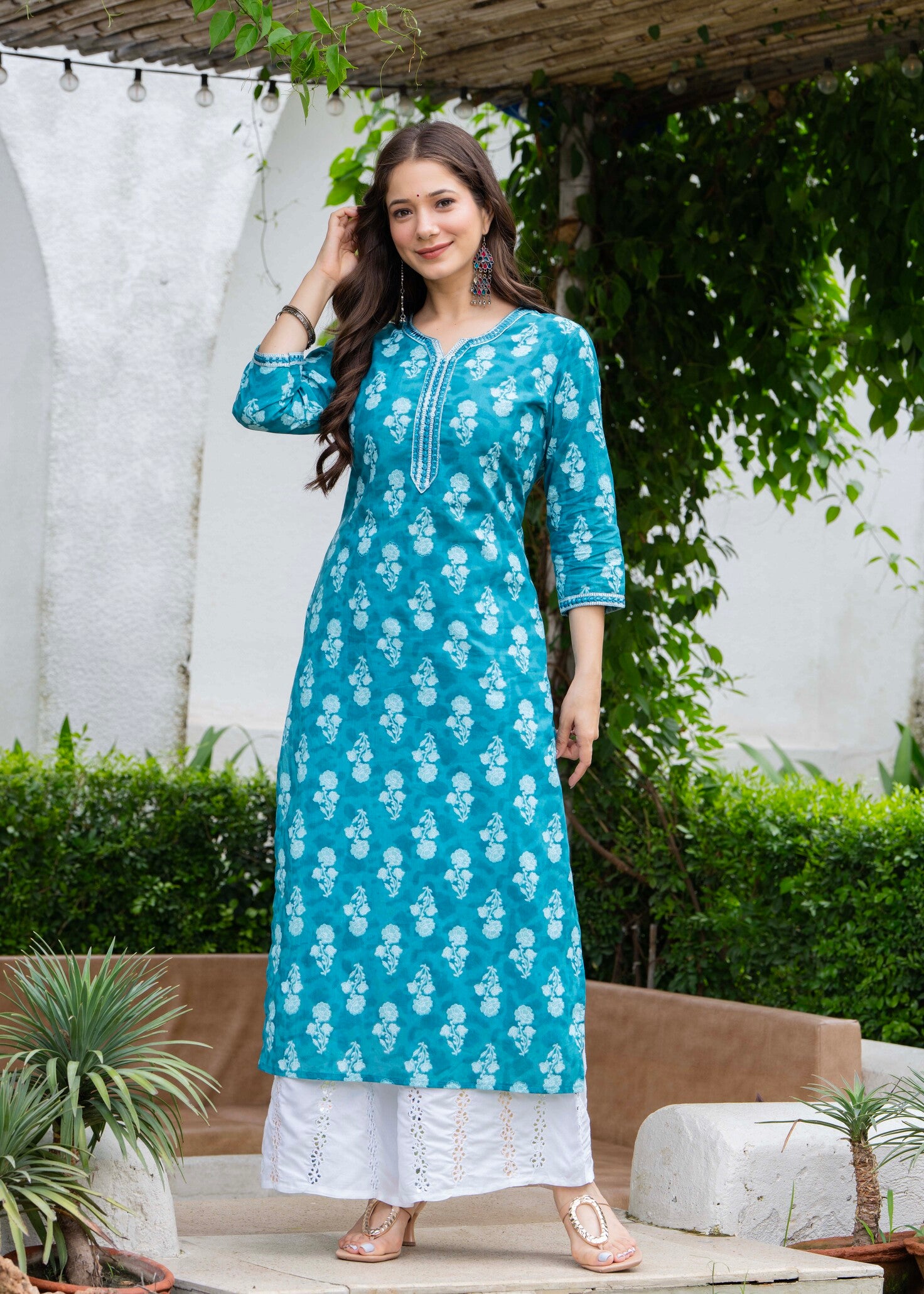 Turquoise Blue Ethnic Printed Round Neck Pure Cotton Kurta