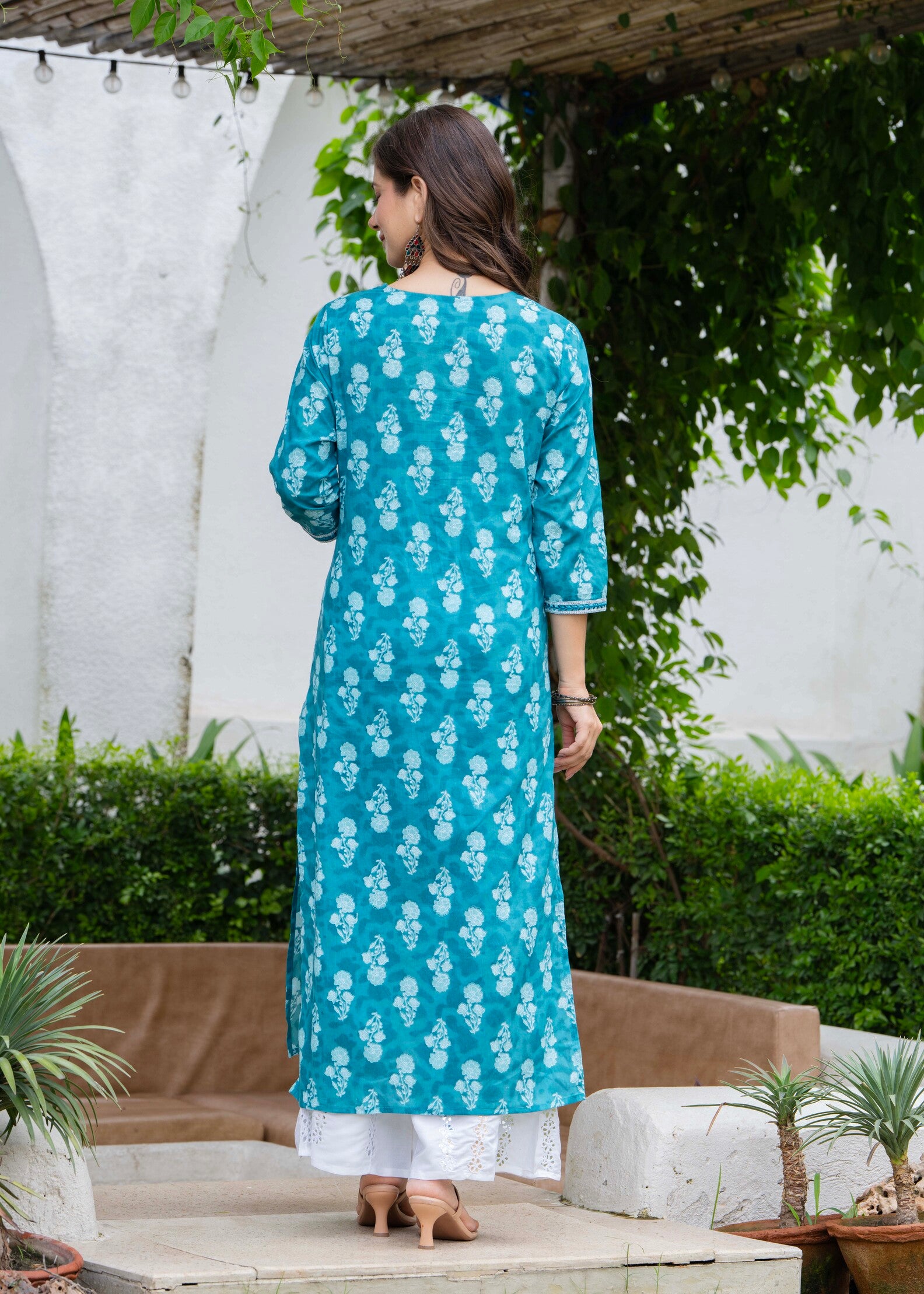 Turquoise Blue Ethnic Printed Round Neck Pure Cotton Kurta