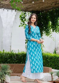 Turquoise Blue Ethnic Printed Round Neck Pure Cotton Kurta