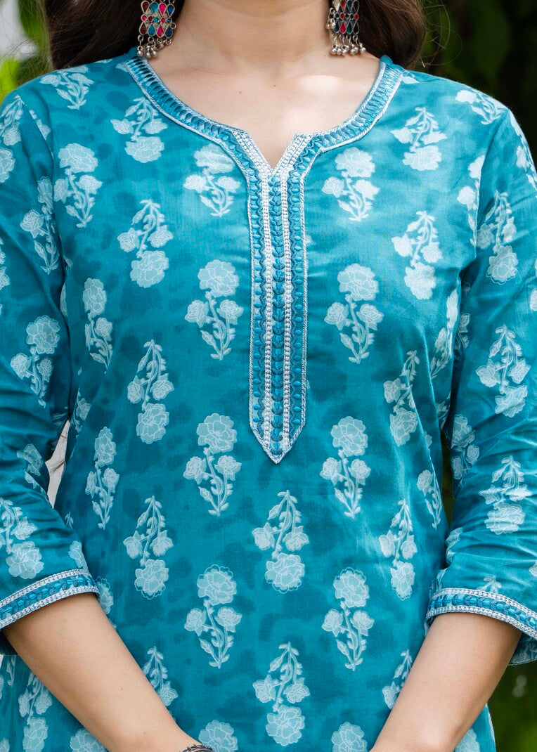 Turquoise Blue Ethnic Printed Round Neck Pure Cotton Kurta