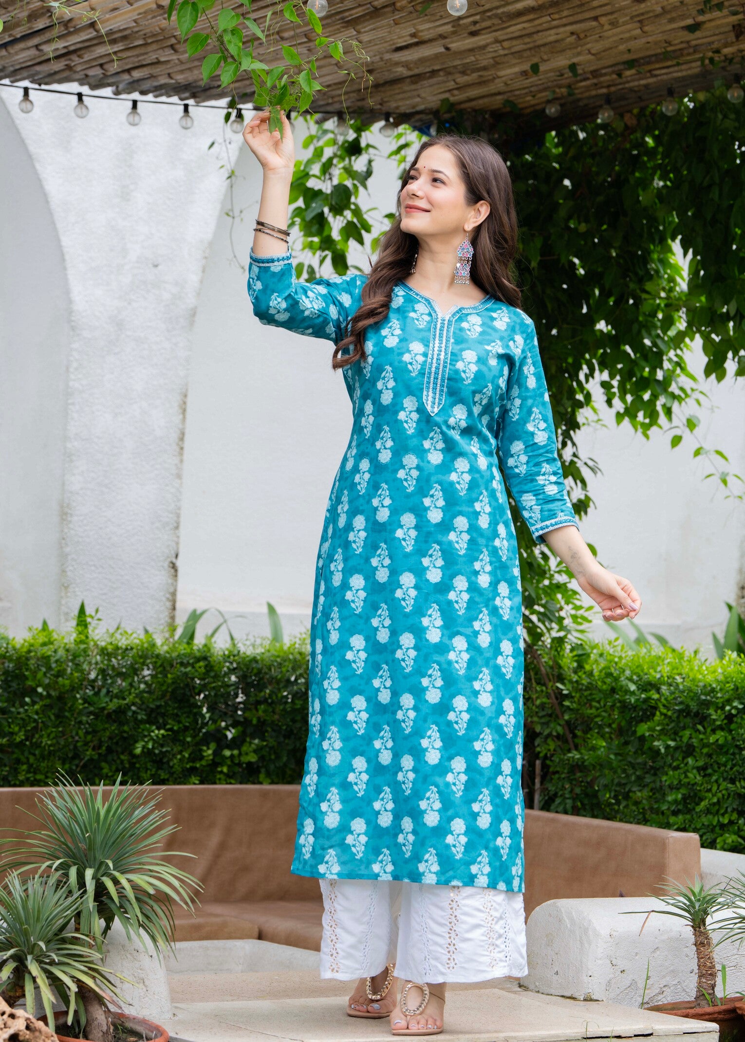 Turquoise Blue Ethnic Printed Round Neck Pure Cotton Kurta