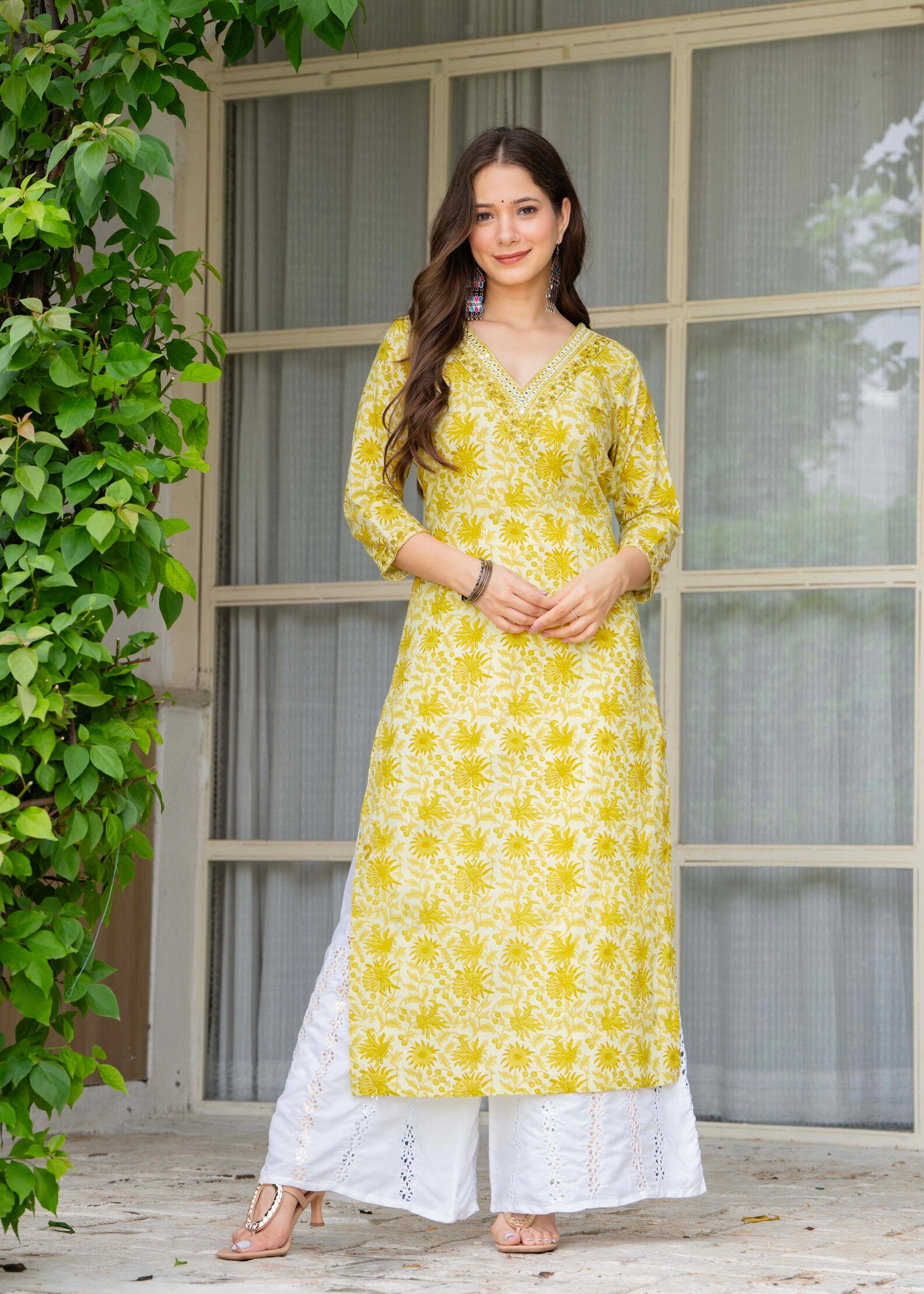 Yellow Ethnic Printed V-Neck Pure Cotton Kurta