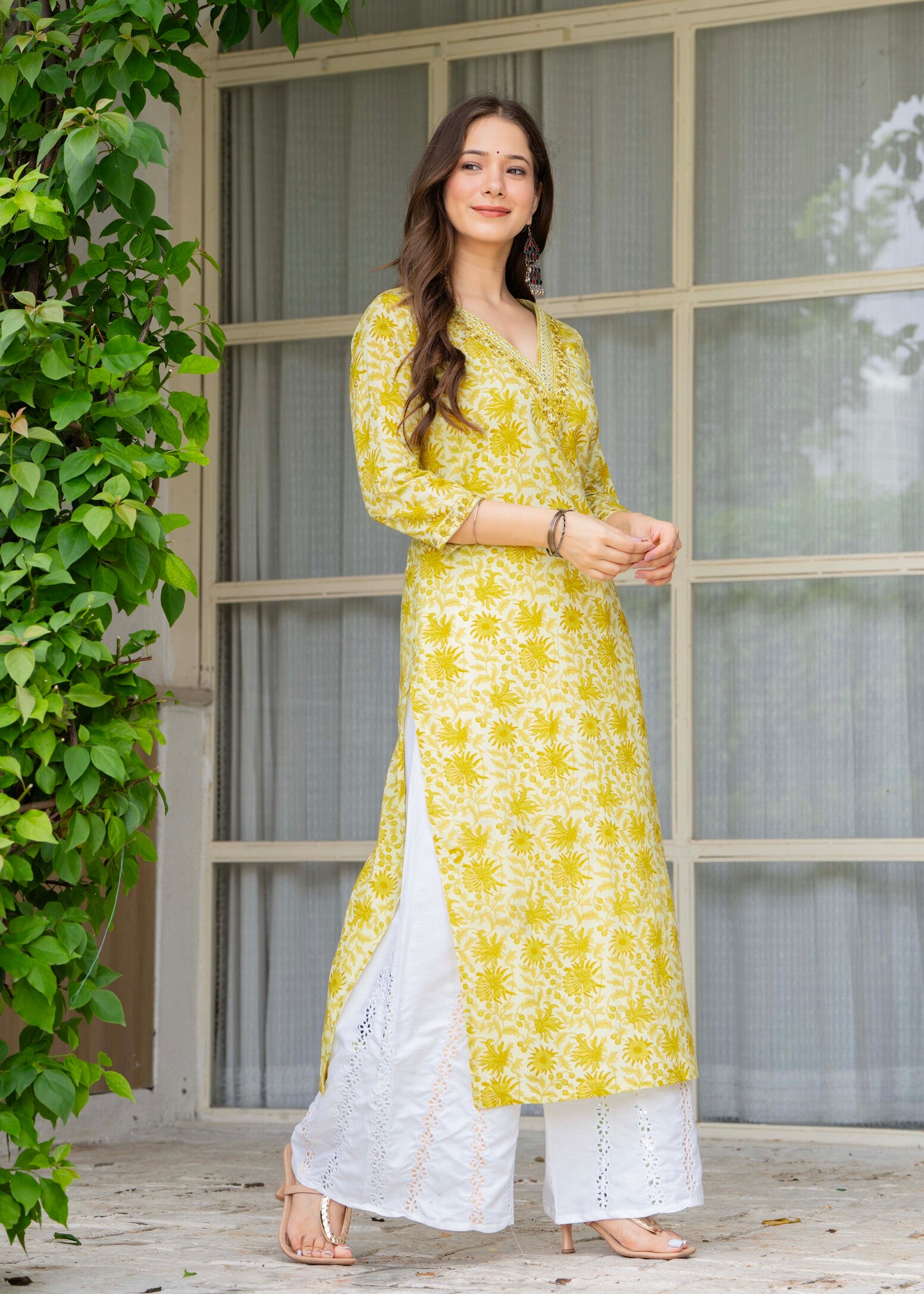 Yellow Ethnic Printed V-Neck Pure Cotton Kurta