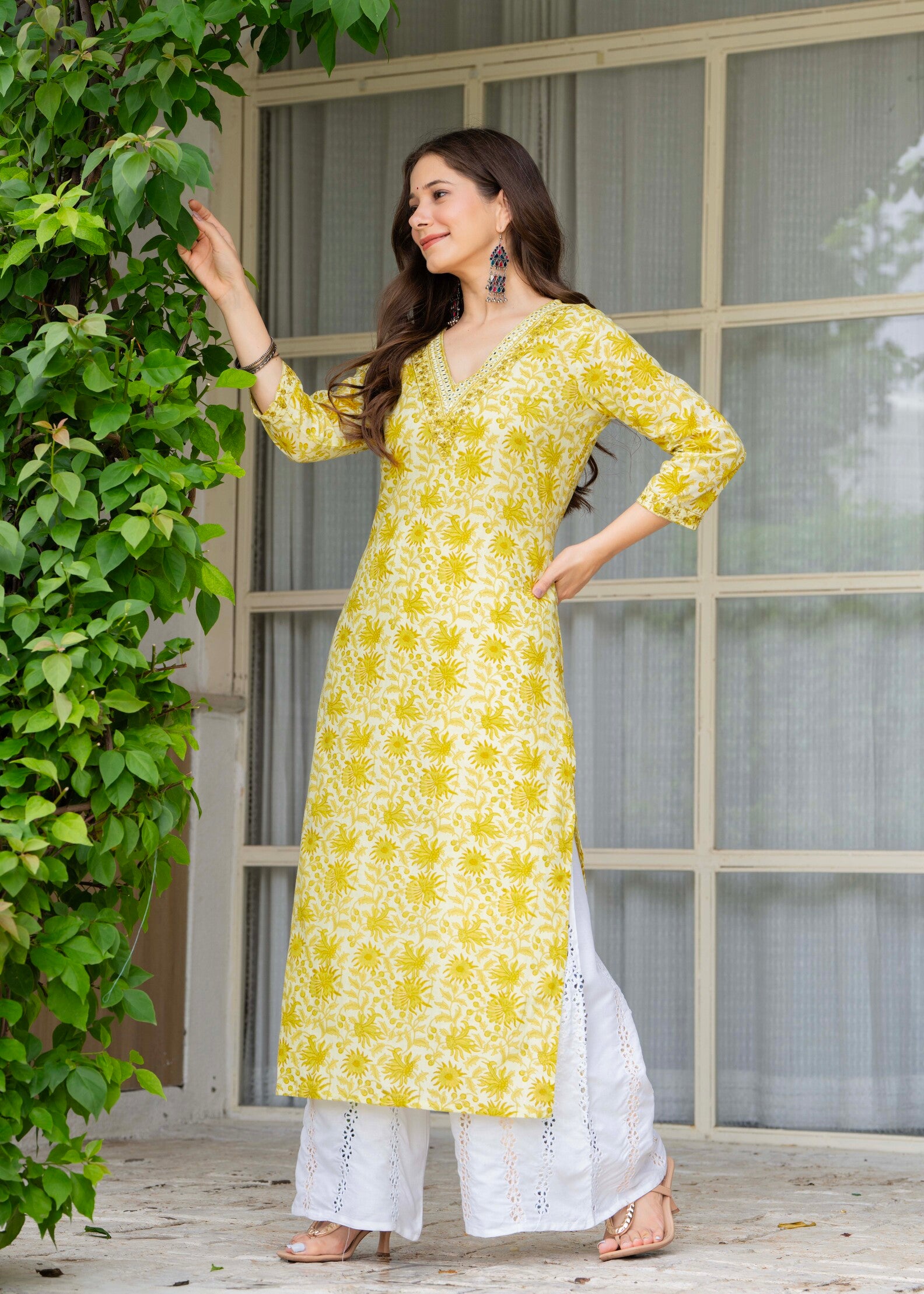 Yellow Ethnic Printed V-Neck Pure Cotton Kurta