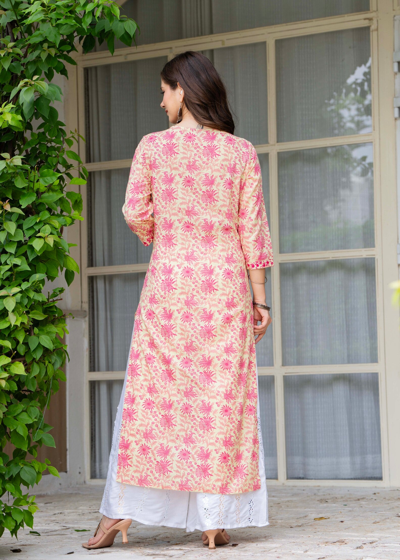 Beige Ethnic Printed V-Neck Pure Cotton Kurta