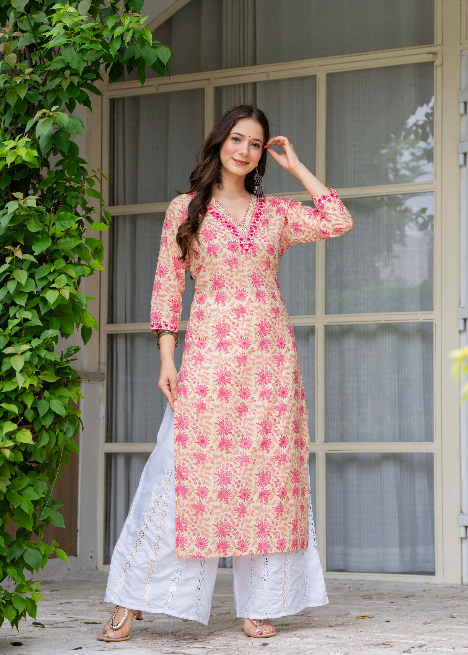 Beige Ethnic Printed V-Neck Pure Cotton Kurta