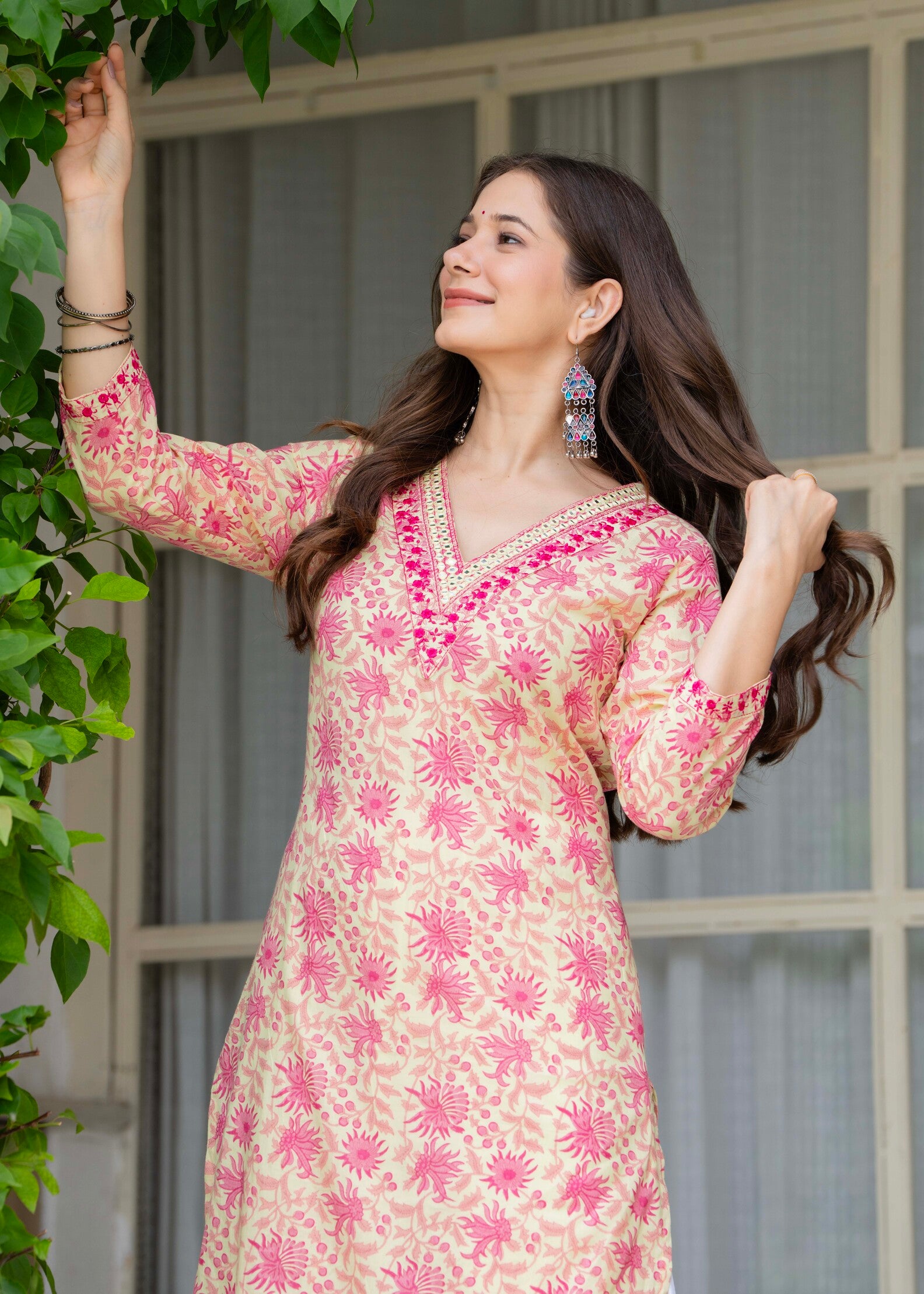 Beige Ethnic Printed V-Neck Pure Cotton Kurta