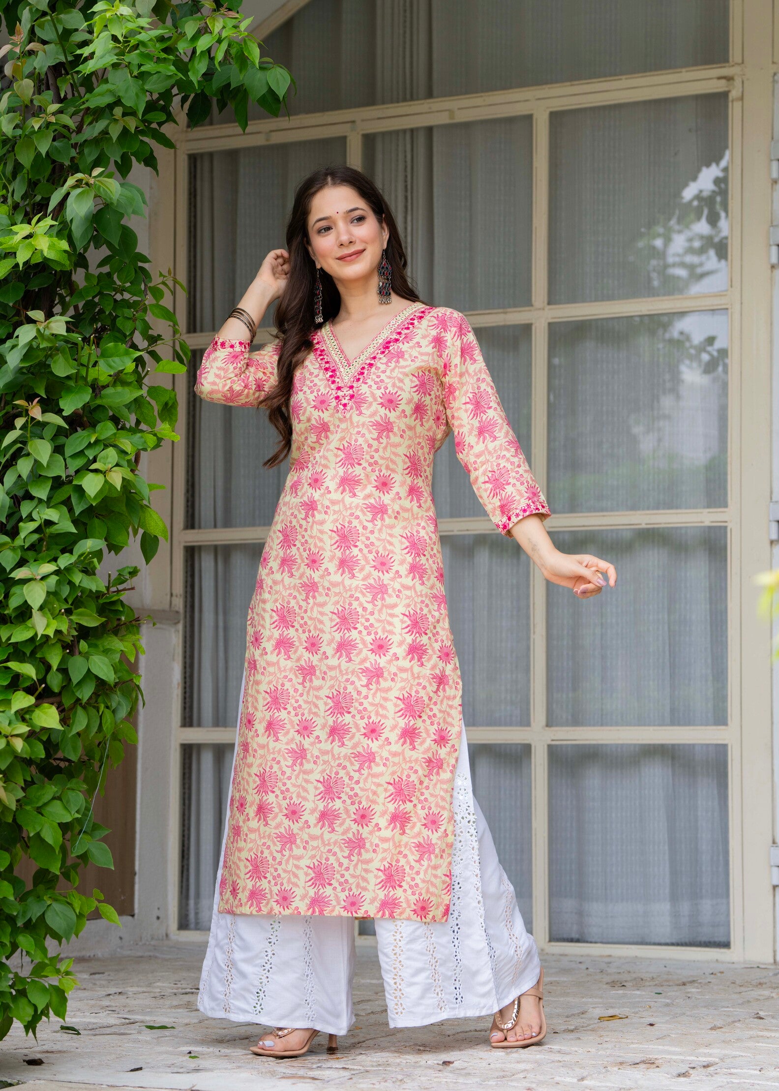 Beige Ethnic Printed V-Neck Pure Cotton Kurta