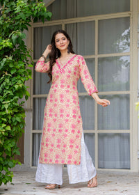 Beige Ethnic Printed V-Neck Pure Cotton Kurta