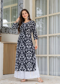Black & White Ethnic Printed Round Neck Pure Cotton Kurta