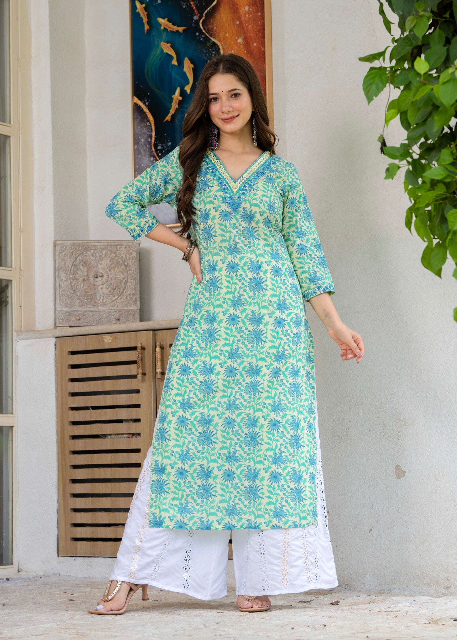 Sky Blue Ethnic Printed V-Neck Pure Cotton Kurta