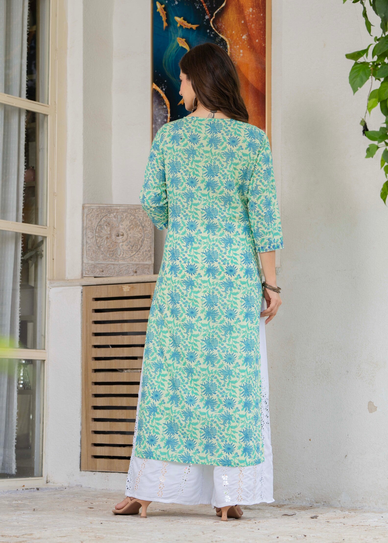 Sky Blue Ethnic Printed V-Neck Pure Cotton Kurta
