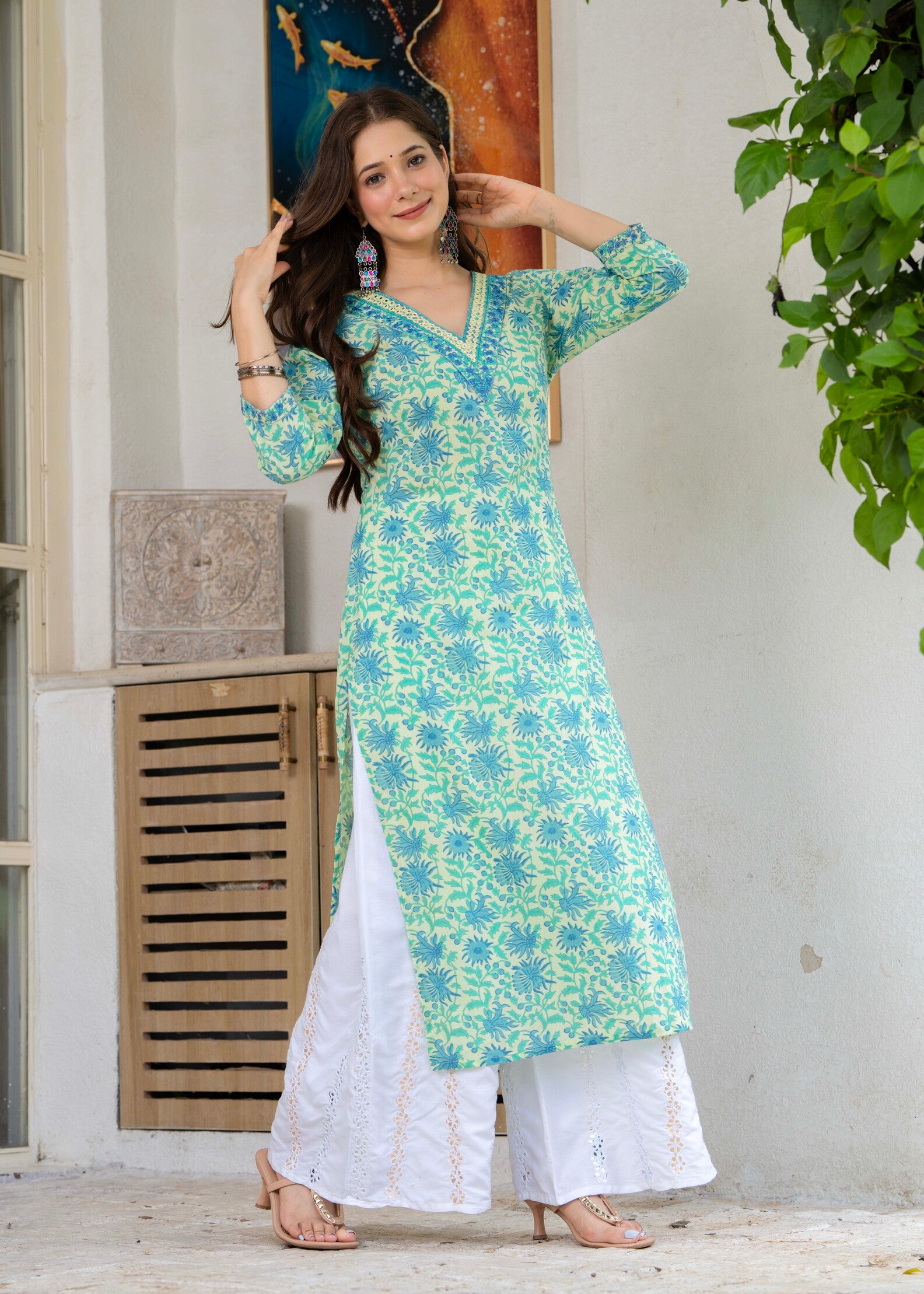 Sky Blue Ethnic Printed V-Neck Pure Cotton Kurta