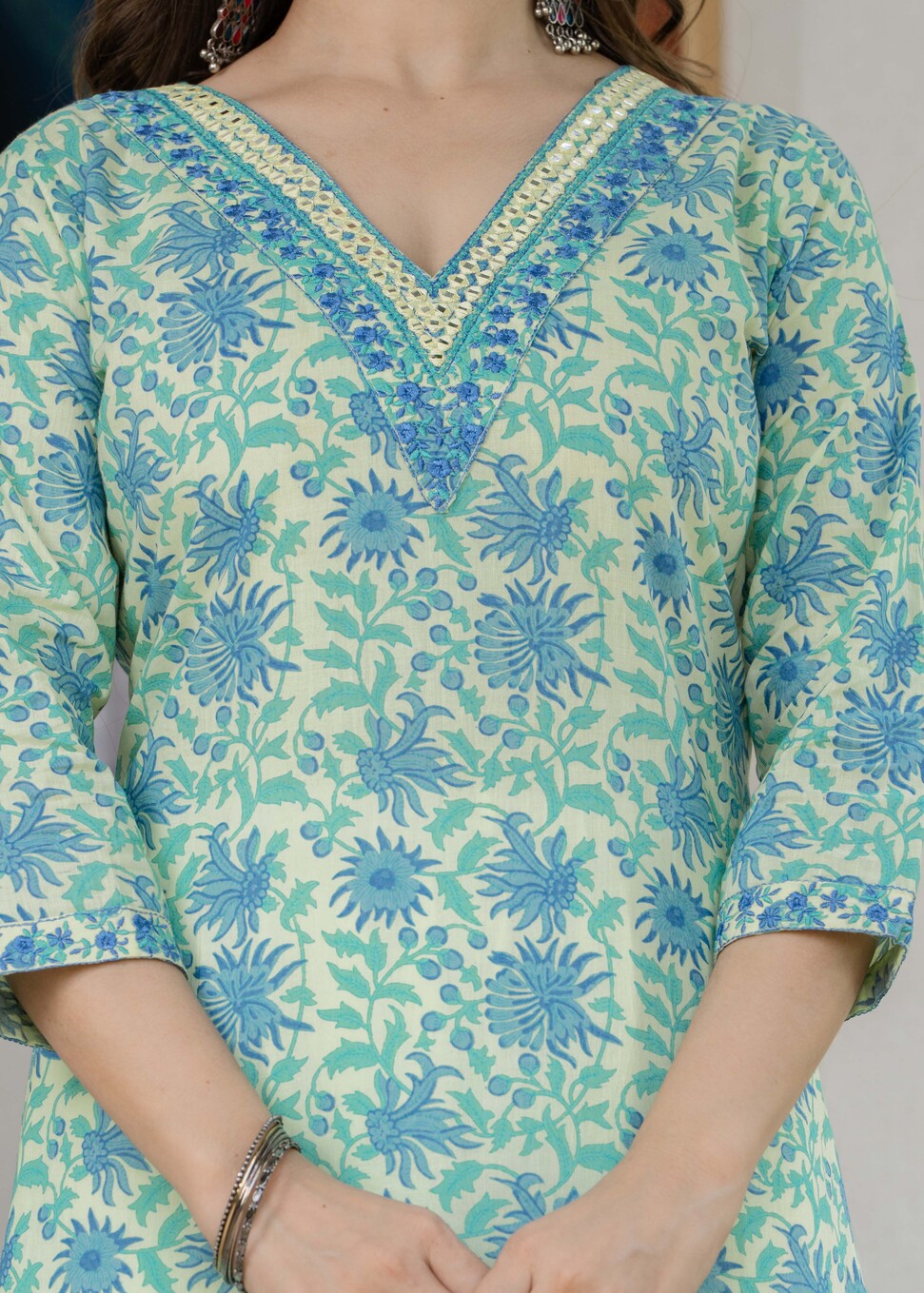 Sky Blue Ethnic Printed V-Neck Pure Cotton Kurta