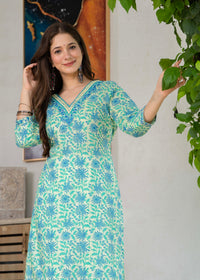 Sky Blue Ethnic Printed V-Neck Pure Cotton Kurta