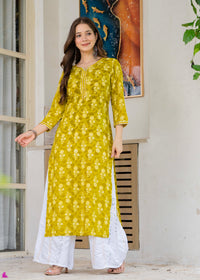 Mustard Yellow Ethnic Printed Round Neck Pure Cotton Kurta