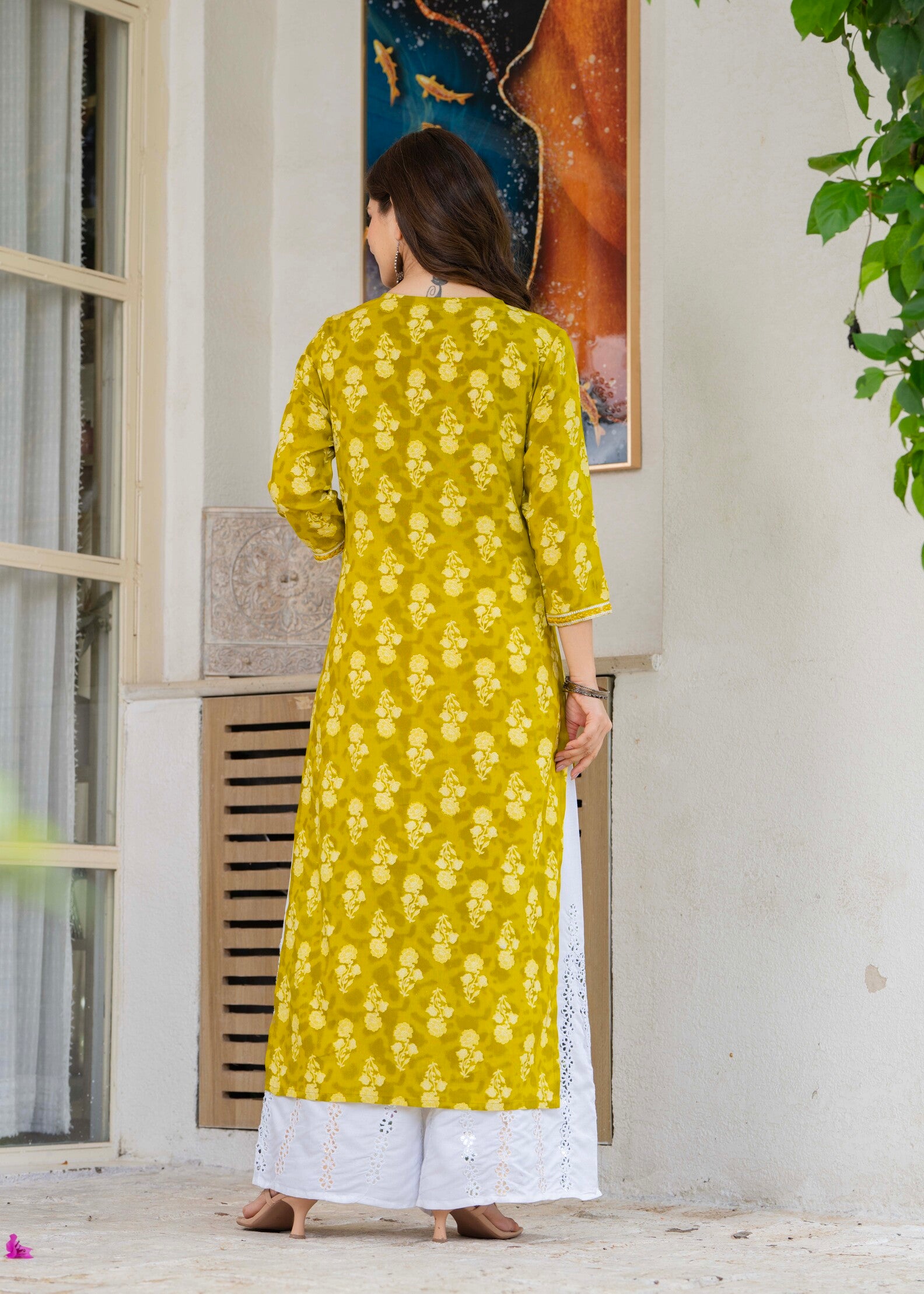 Mustard Yellow Ethnic Printed Round Neck Pure Cotton Kurta