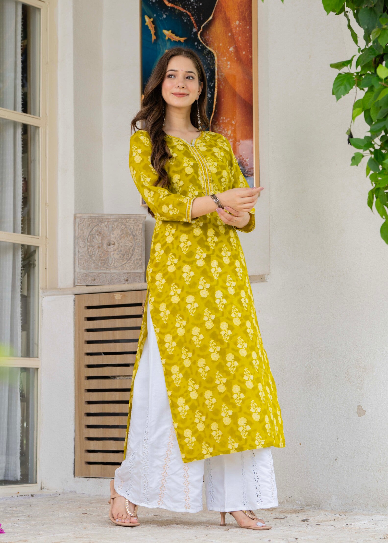 Mustard Yellow Ethnic Printed Round Neck Pure Cotton Kurta